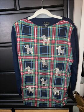 Talbots Navy Plaid Merino Sweater with Jeweled tartan  Dog Appliqué